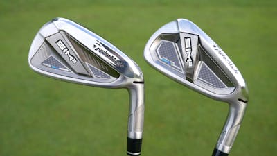 Full side-by-side back view of two TaylorMade SIM2 Max Irons.