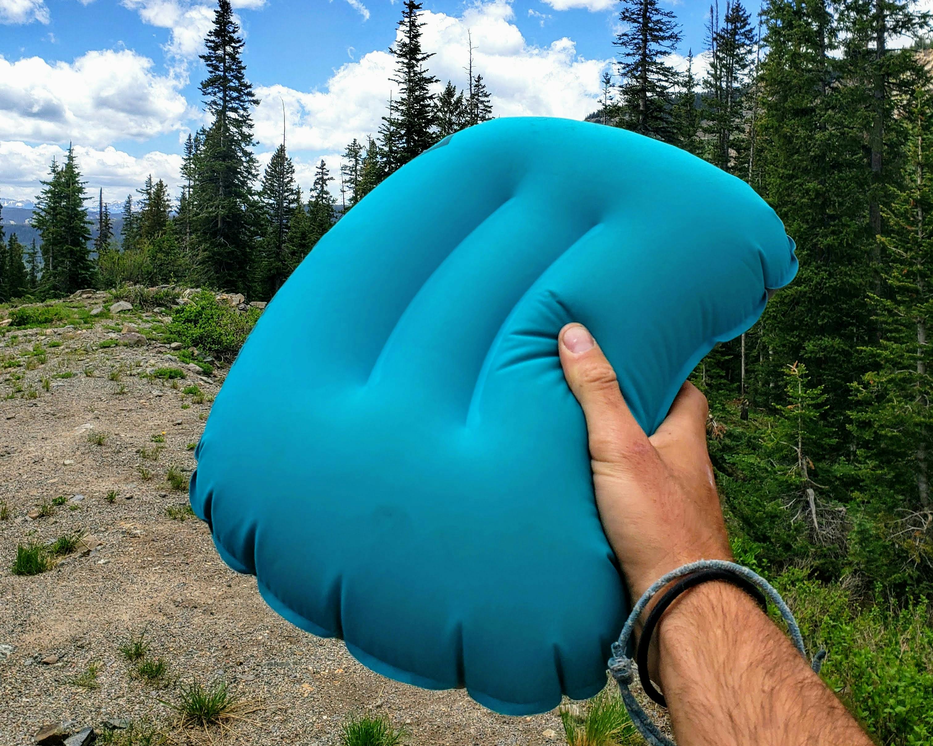 The author holding an inflatable camping pillow up against the forest backdrop.