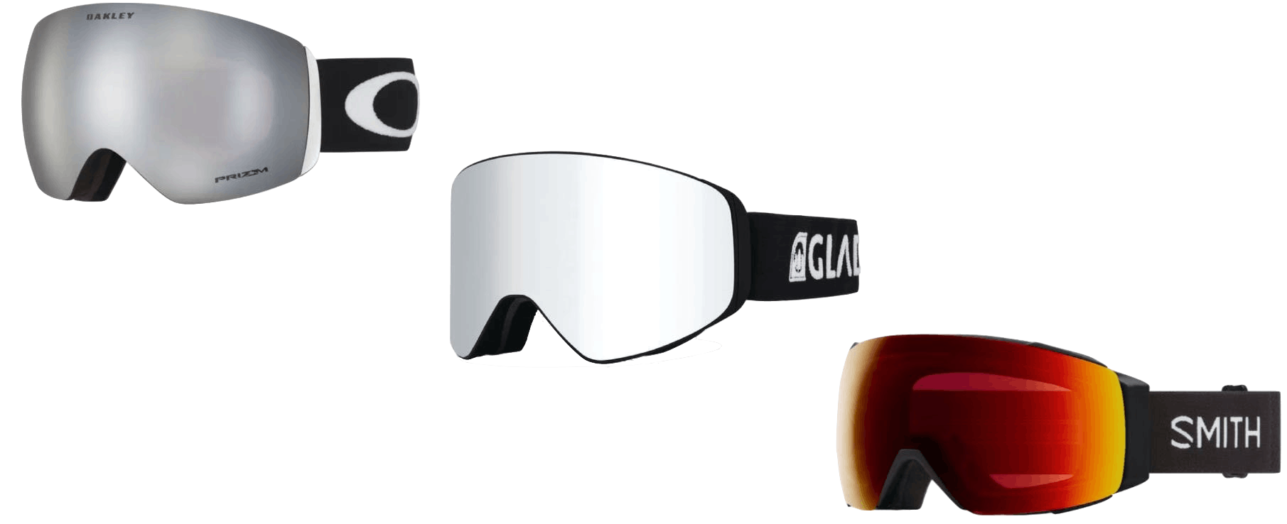 Three goggles. From left to right: the Oakley Flight Deck Ski Goggles, the Glade Optics MagFlight Goggles, and the Smith I/O Mag Goggles.