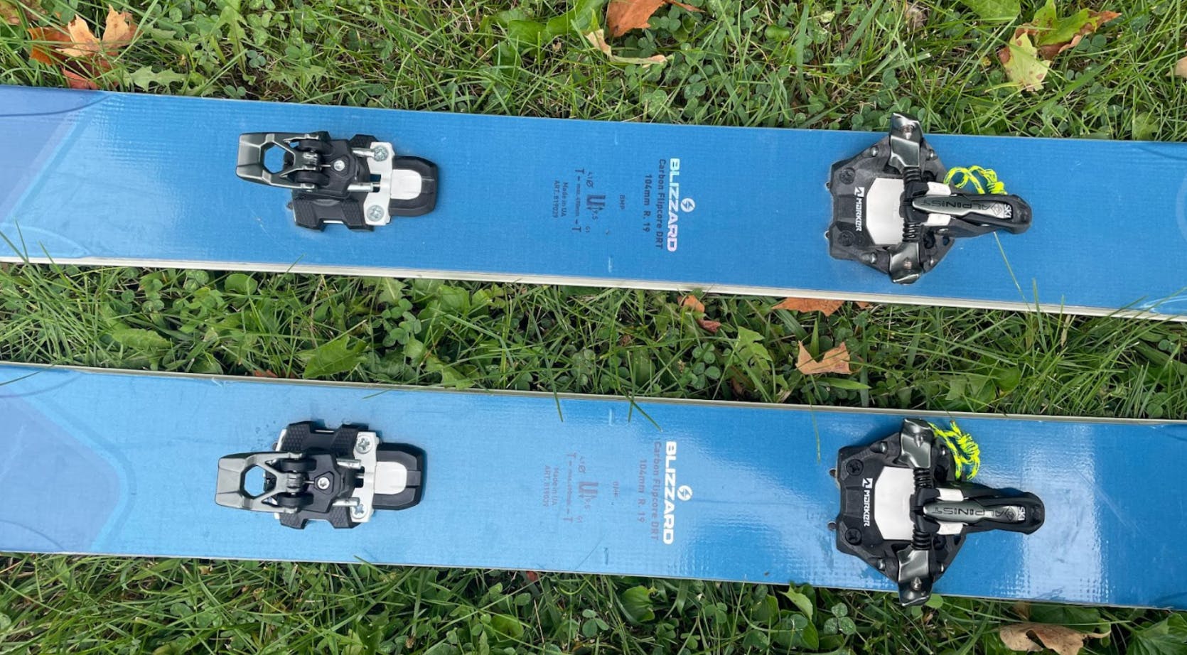 Top down view of the Marker Alpinist 12 Ski Bindings on skis. 
