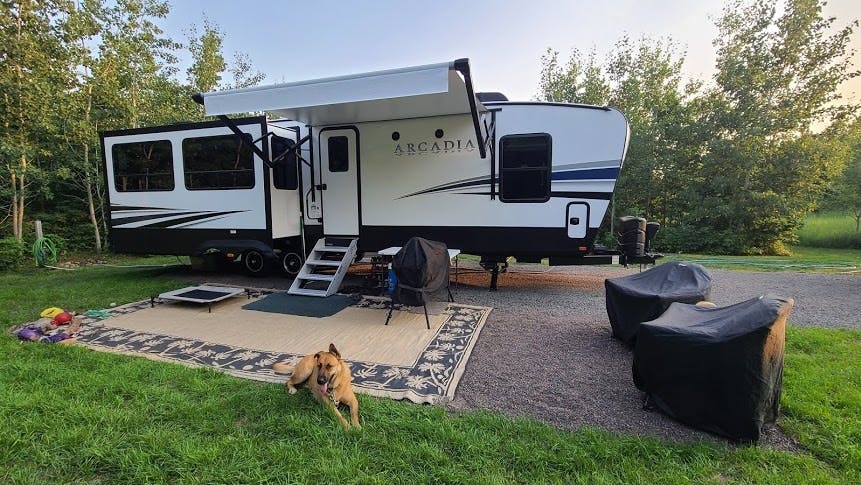 An Arcadia RV is set up with a rug outside of it on a lawn, two chairs and a grill nearby, and a dog lounging on the grass. 