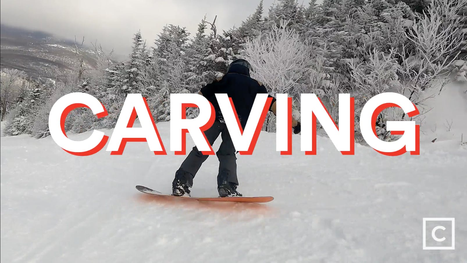 Curated expert Colby Henderson carving on the Never Summer Harpoon snowboard on a ski slope with a "Carving" graphic over the image