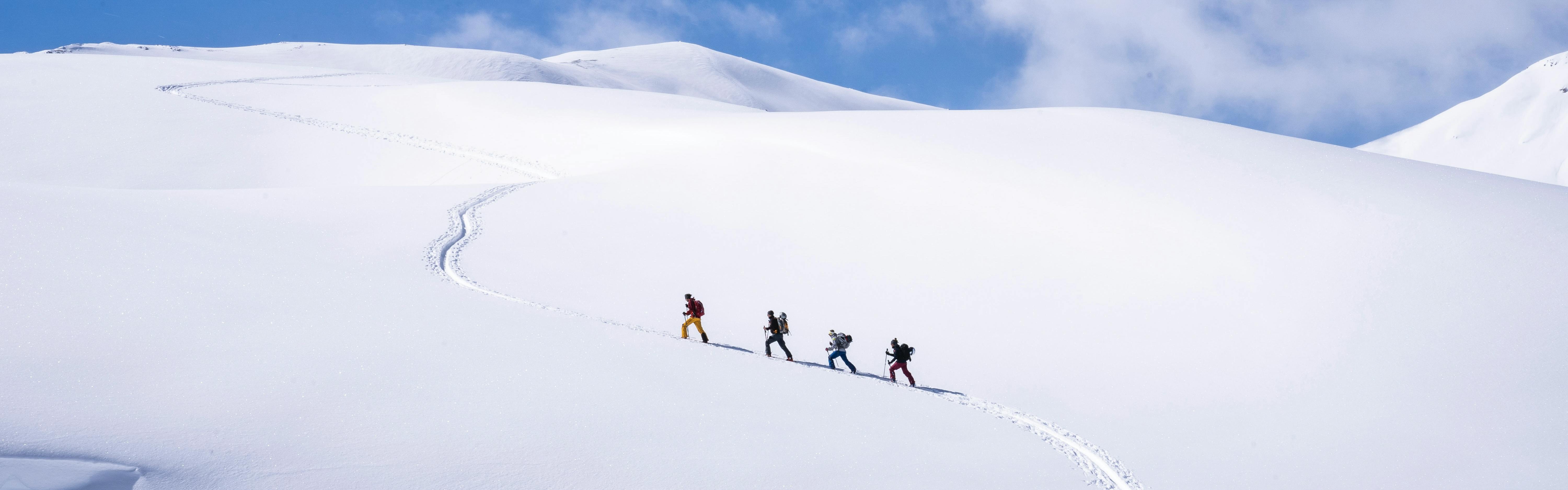 Four people follow a skin track up a snowy mountain.
