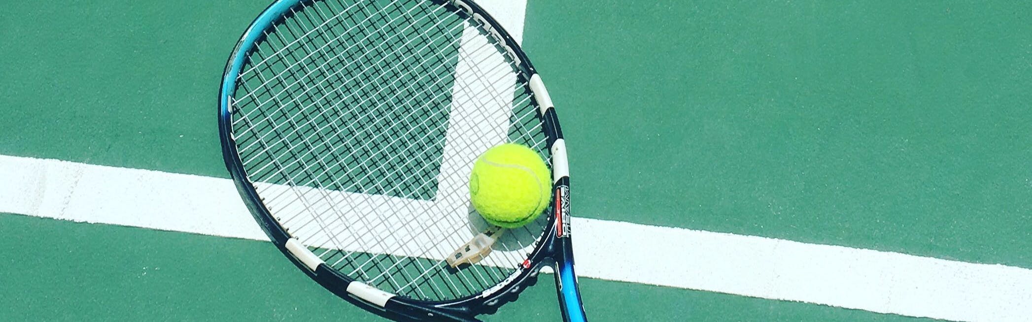 A tennis racquet with a tennis ball laying on a tennis court