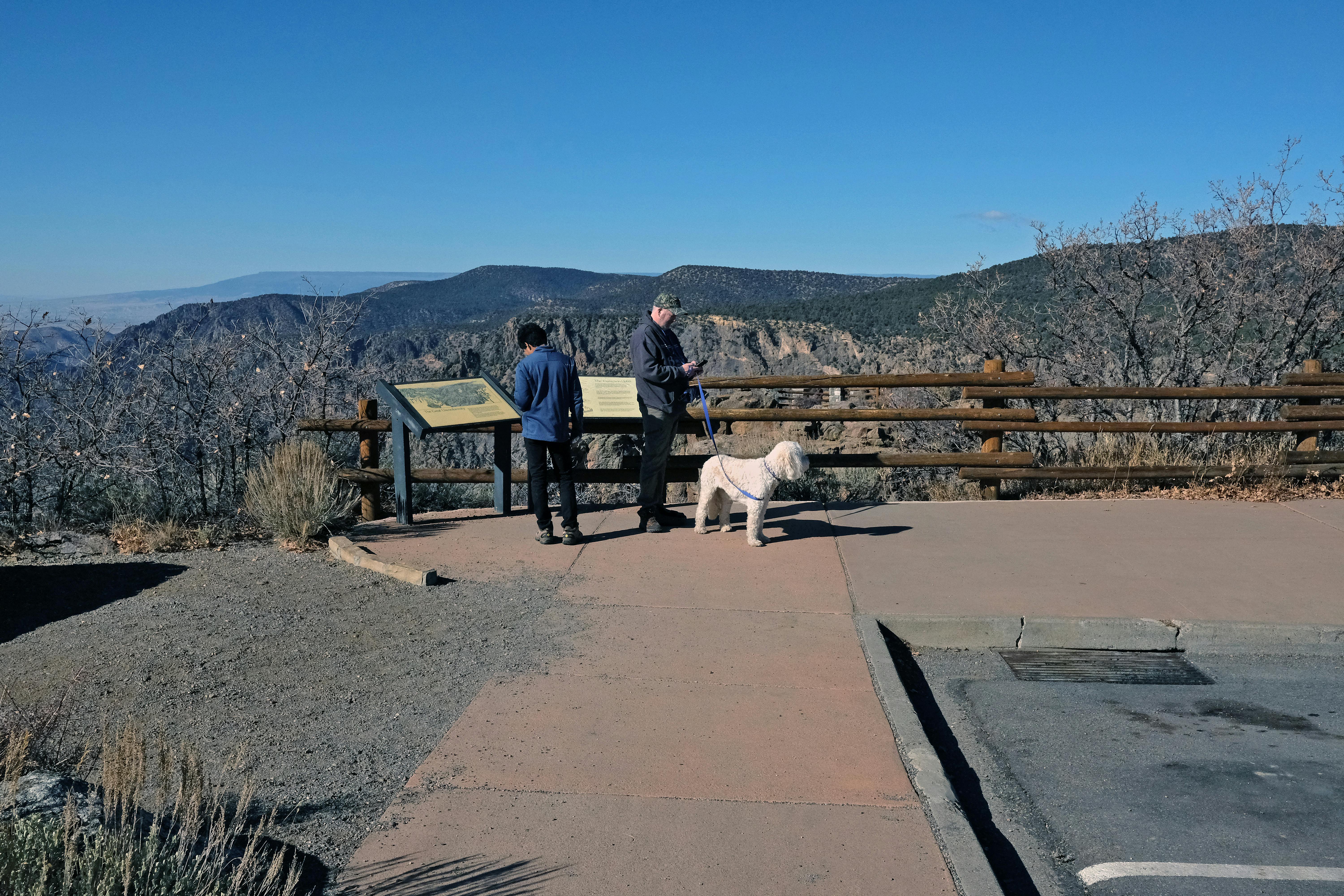 Two people and a dog looking at a sign in Black Canyon of the Gunnison National Park. 