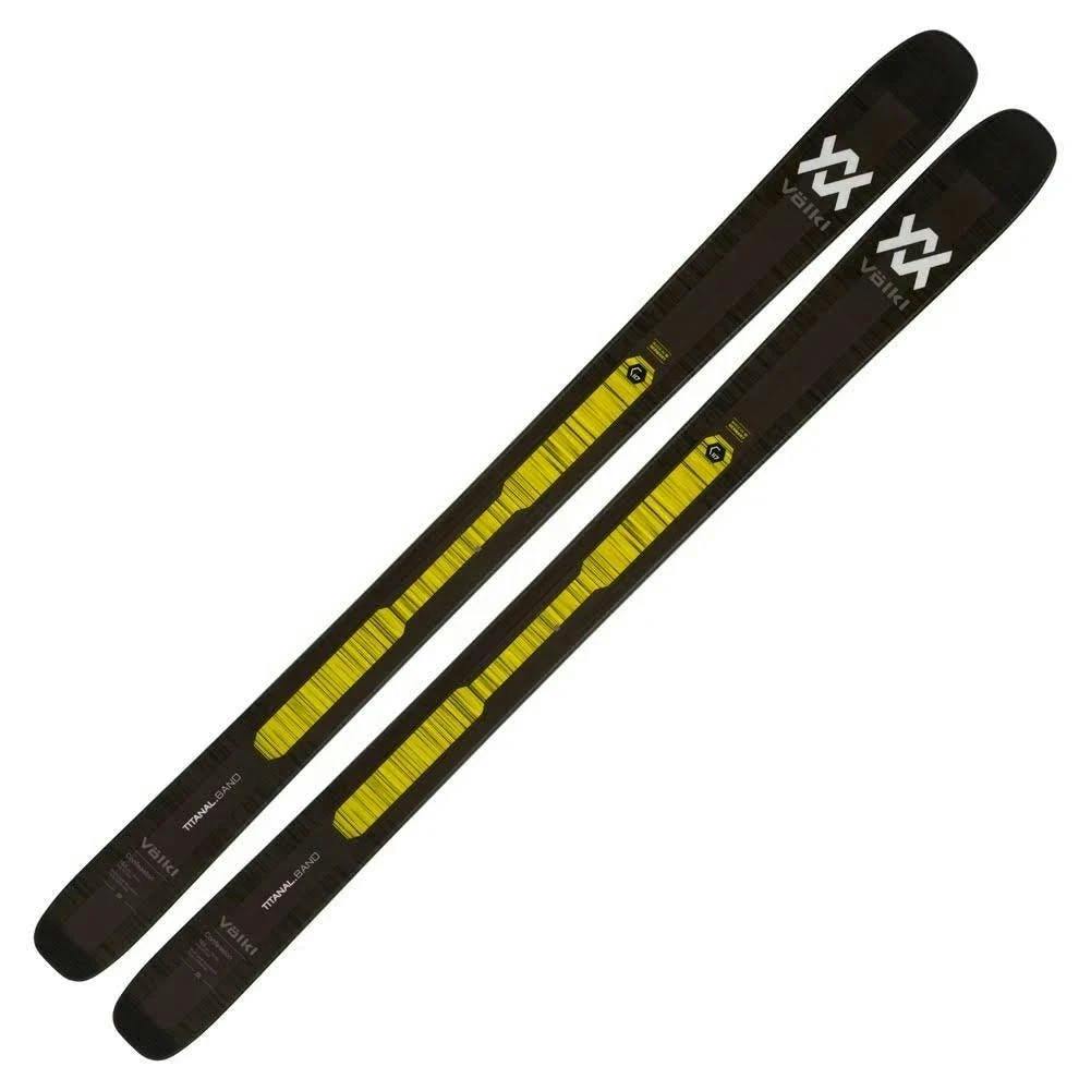 A pair of black and yellow skis labelled "Volkl"