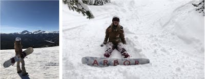 Hannah S. holding the Arbor Swoon Camber snowboard standing on a mountain and sitting in the snow after snowboarding to the bottom of a slope