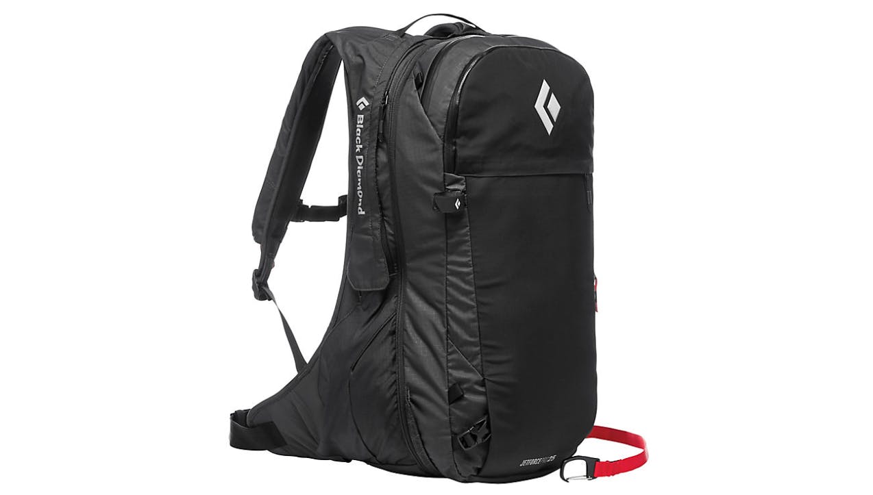 A black Black Diamond Jetforce Pro 25L backpack with a red strap.