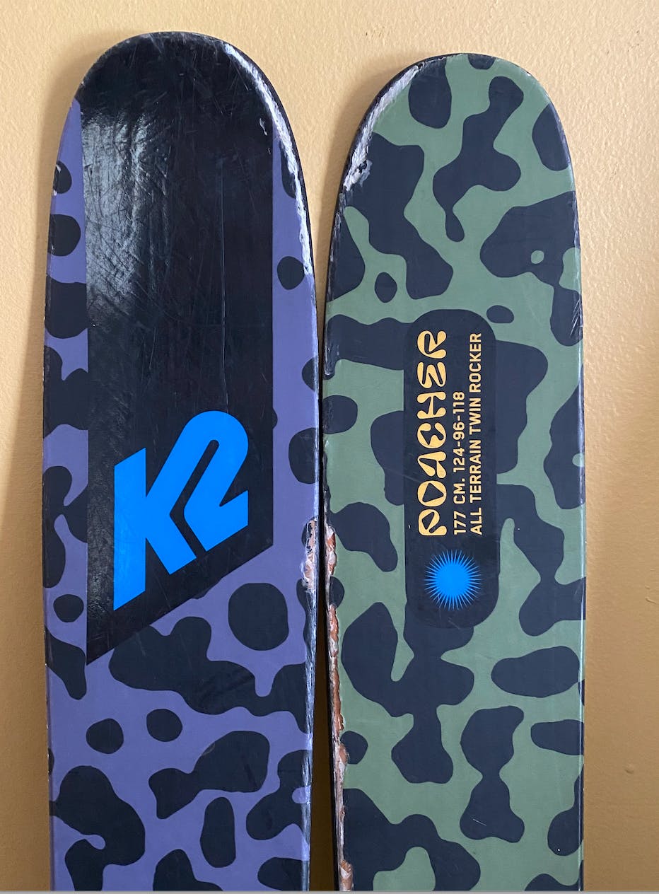 Close up of the tips on the K2 Poacher skis. 