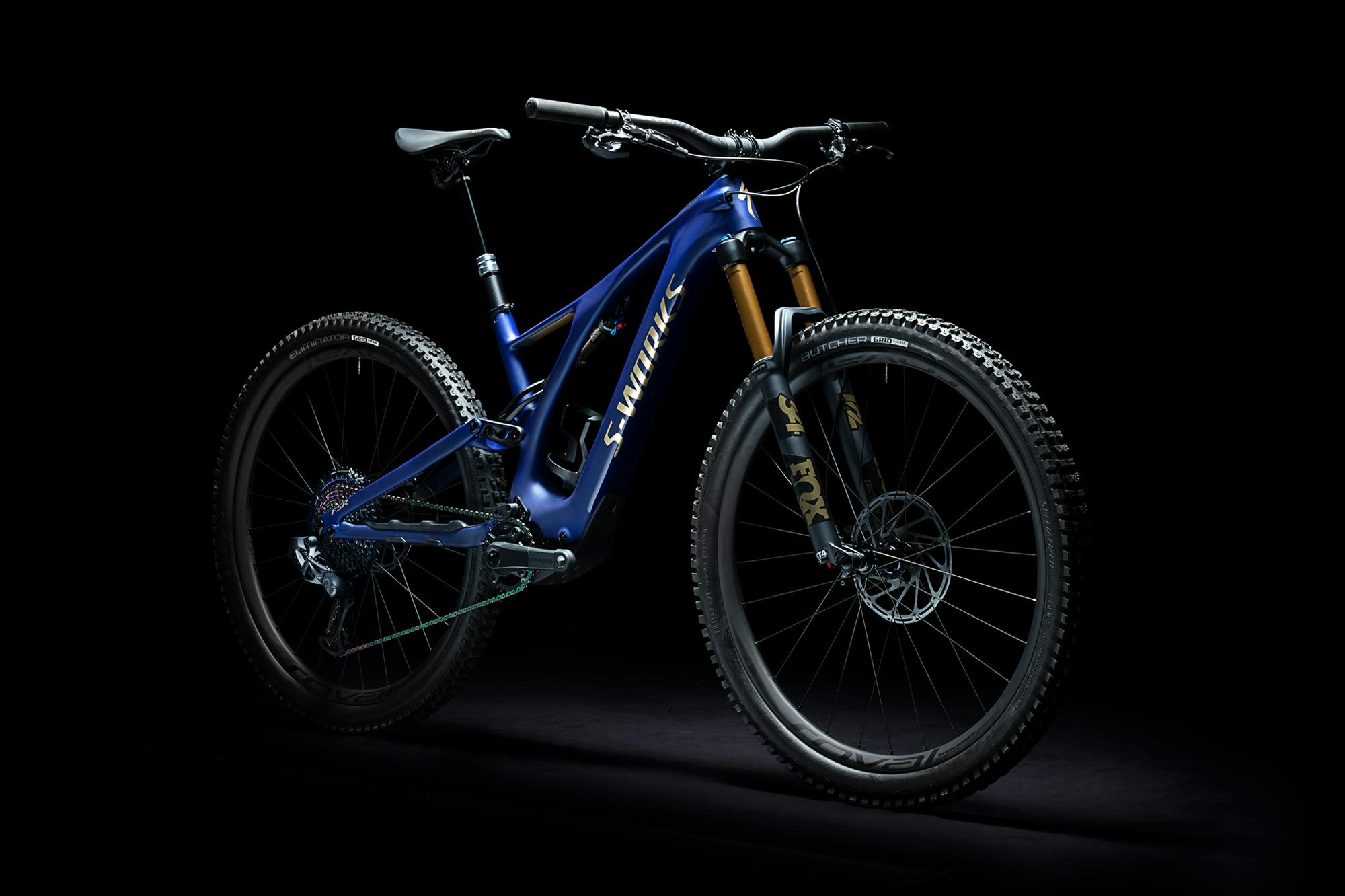 Specialized's Turbo Levo SL Founder’s Edition e-mountain bike against a black background.