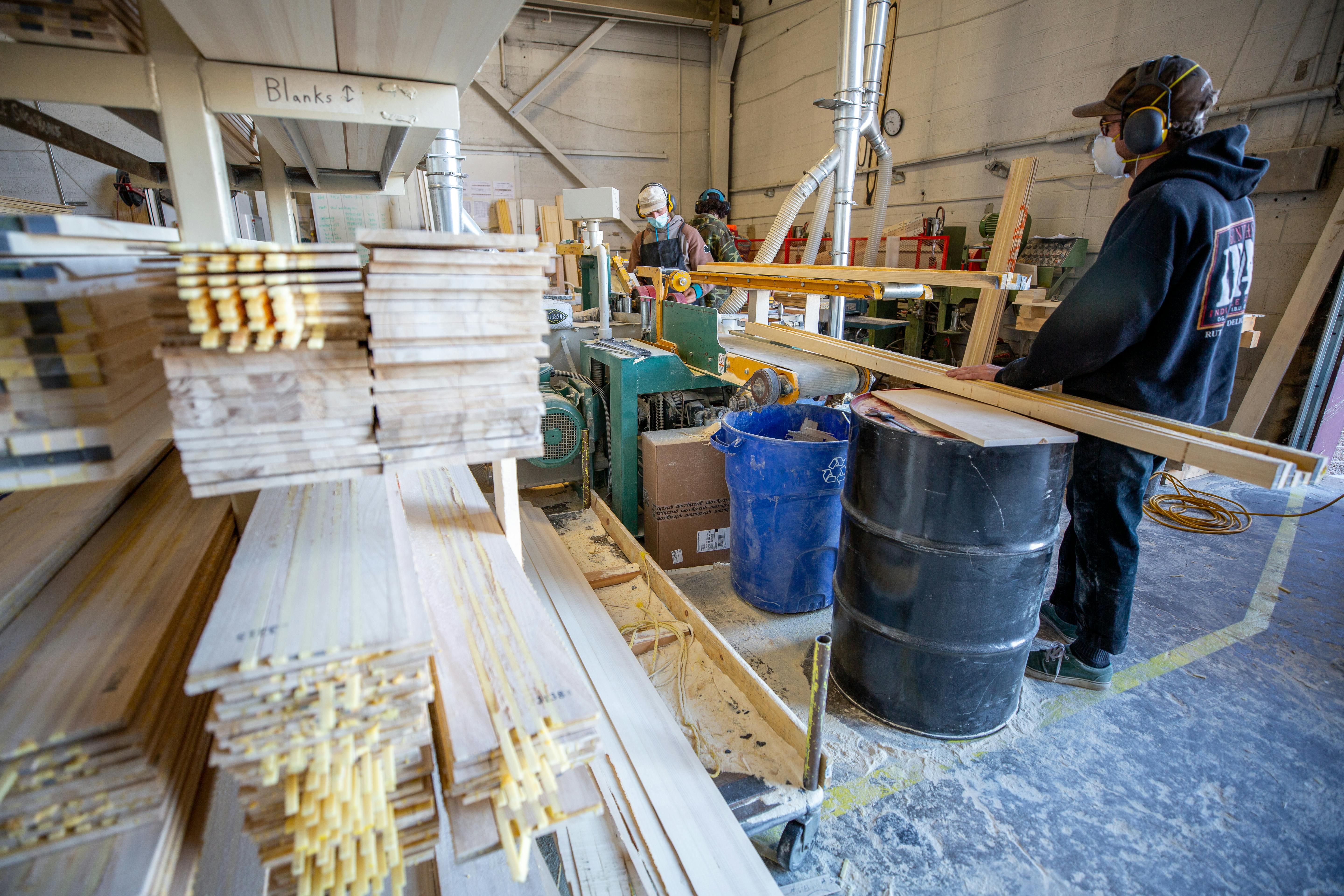 Piles of wooden ski cores in the DPS Skis factory