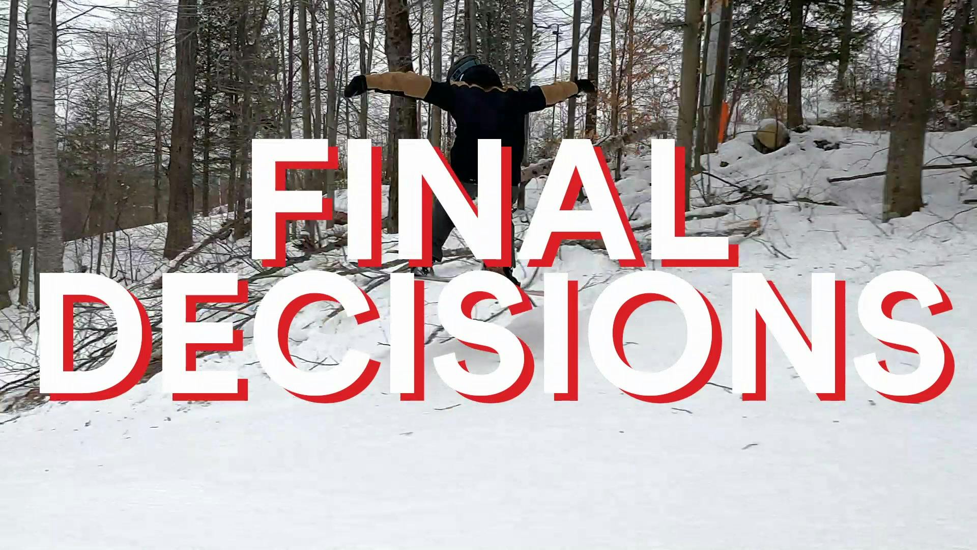Curated expert Colby Henderson executing a jump with his snowboard with a "Final Decisions" graphic over the image