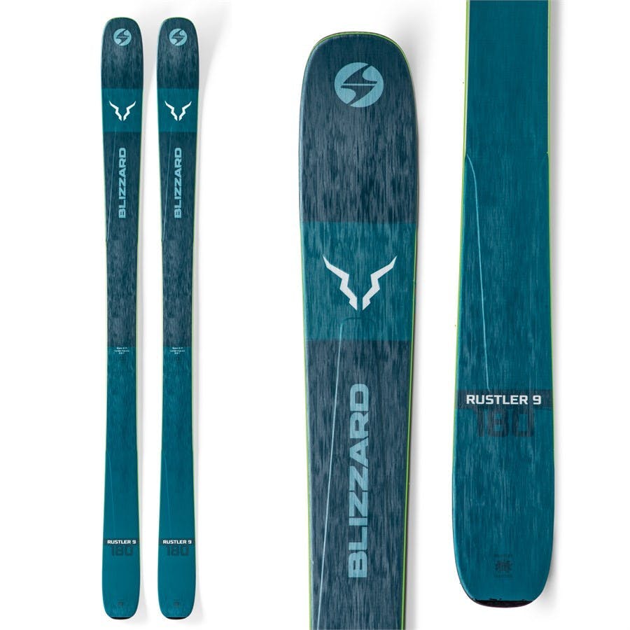 A pair of blue skis reading Blizzard Rustler 9