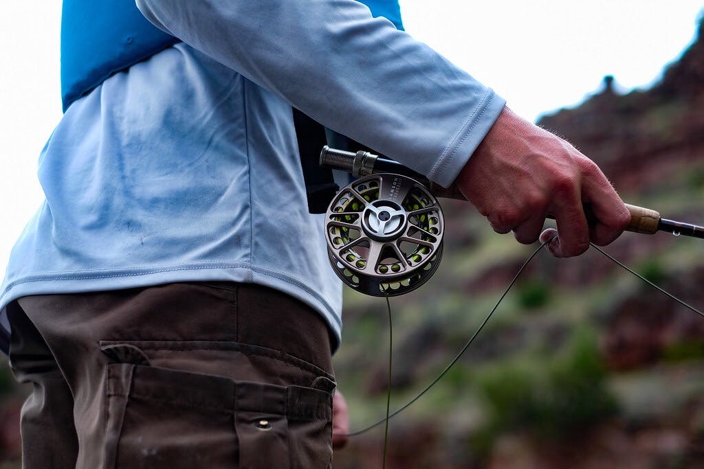 A person holds a fly rod and reel in their right hand.