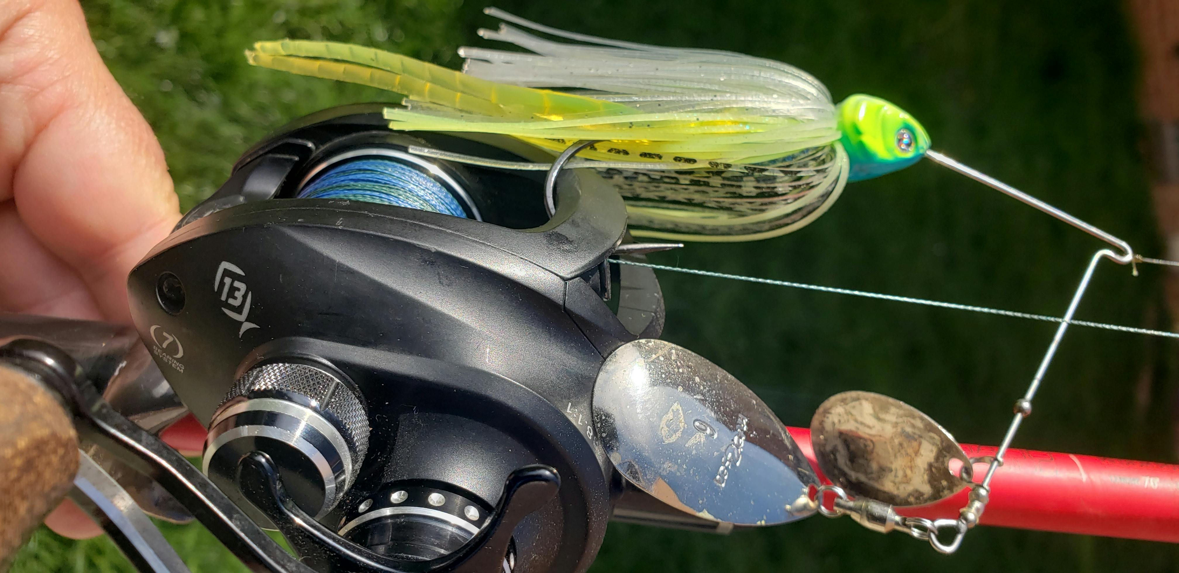 Photo of a Spinnerbait by River2Sea attached to a fishing line.