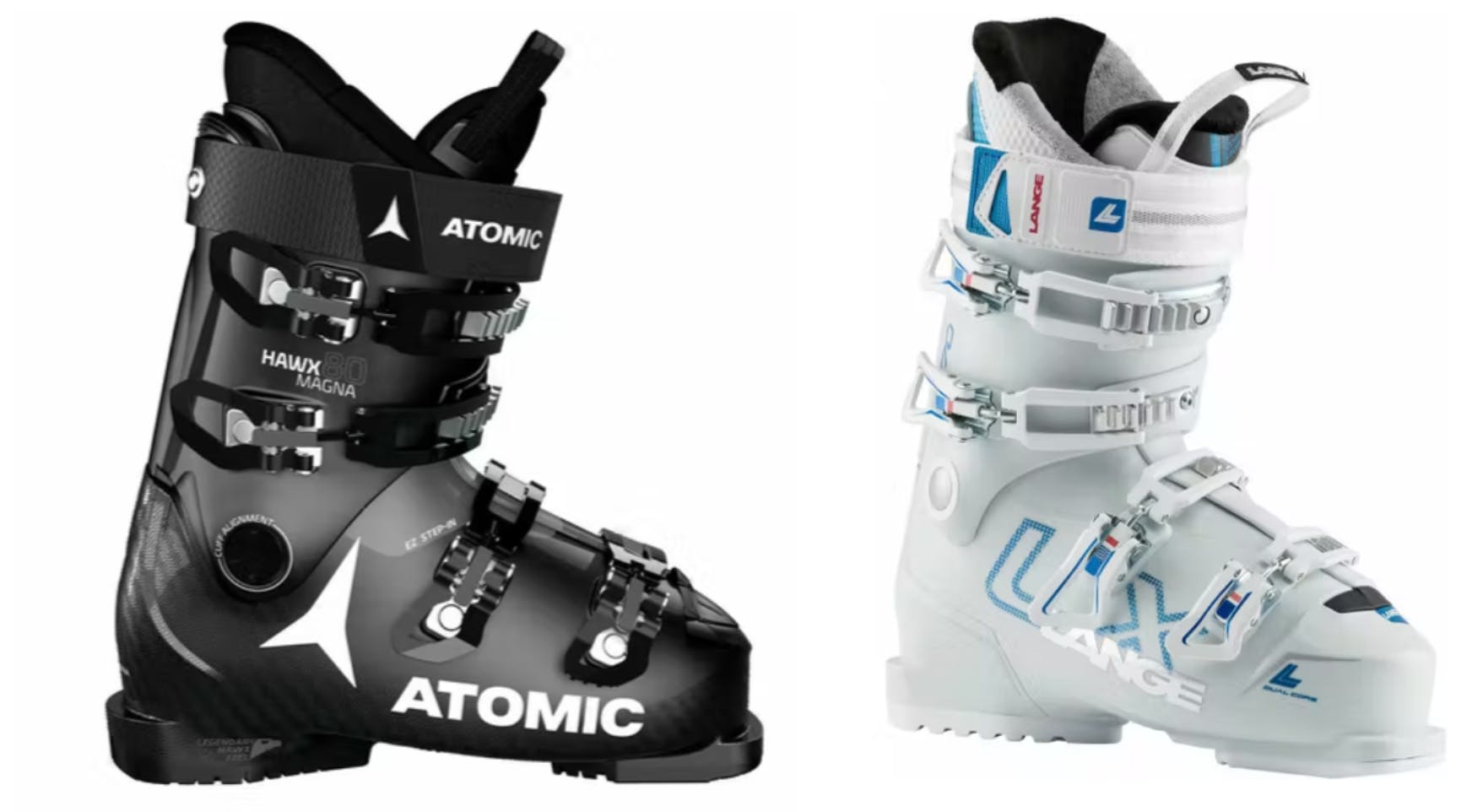 The Men's Atomic Hawx Magna 80 boot on the left and the Women's LX 70 Ski Boot on the right.