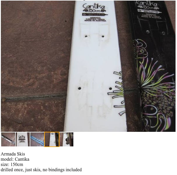 A screenshot of a craigslist ad for skis with the bindings removed