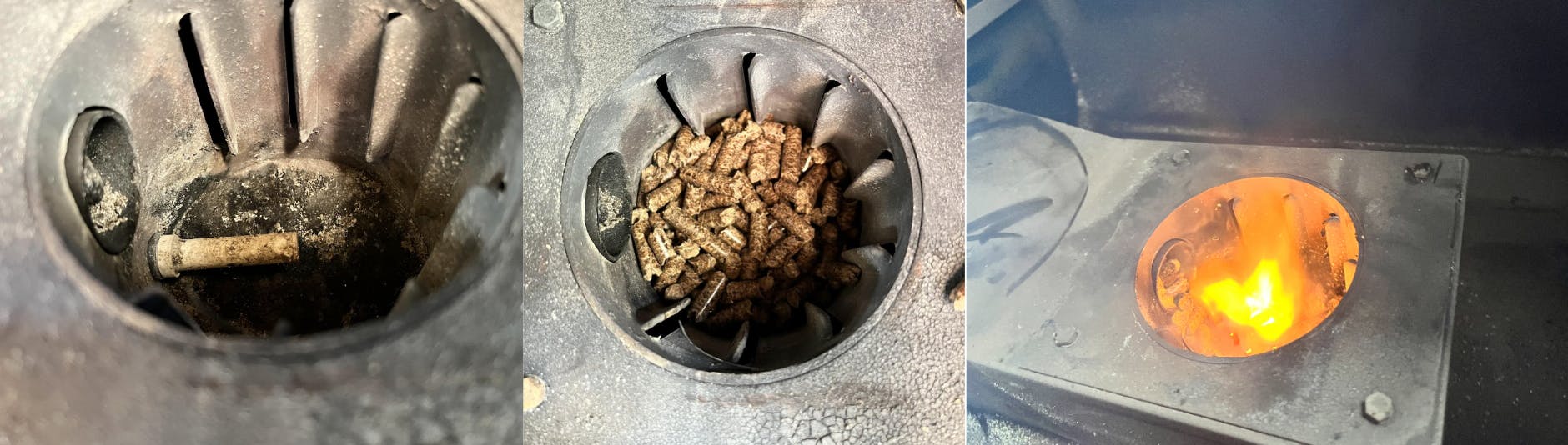 Three stages of the fire bowl in a pellet grill.