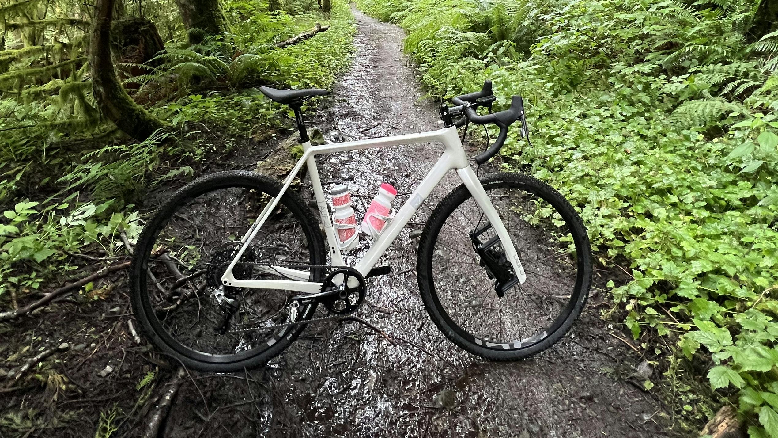 A white bike on a trail in the woods. 