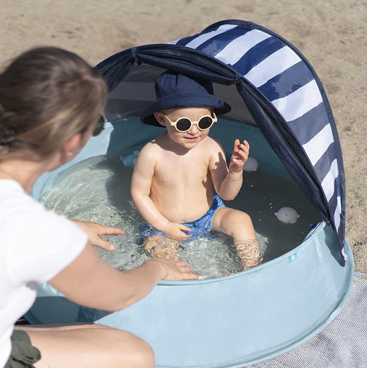 Babymoov Aquani Tent & Pool - 3 in 1 Pop Up Tent, Kiddie Pool and Play Yard · Blue/White