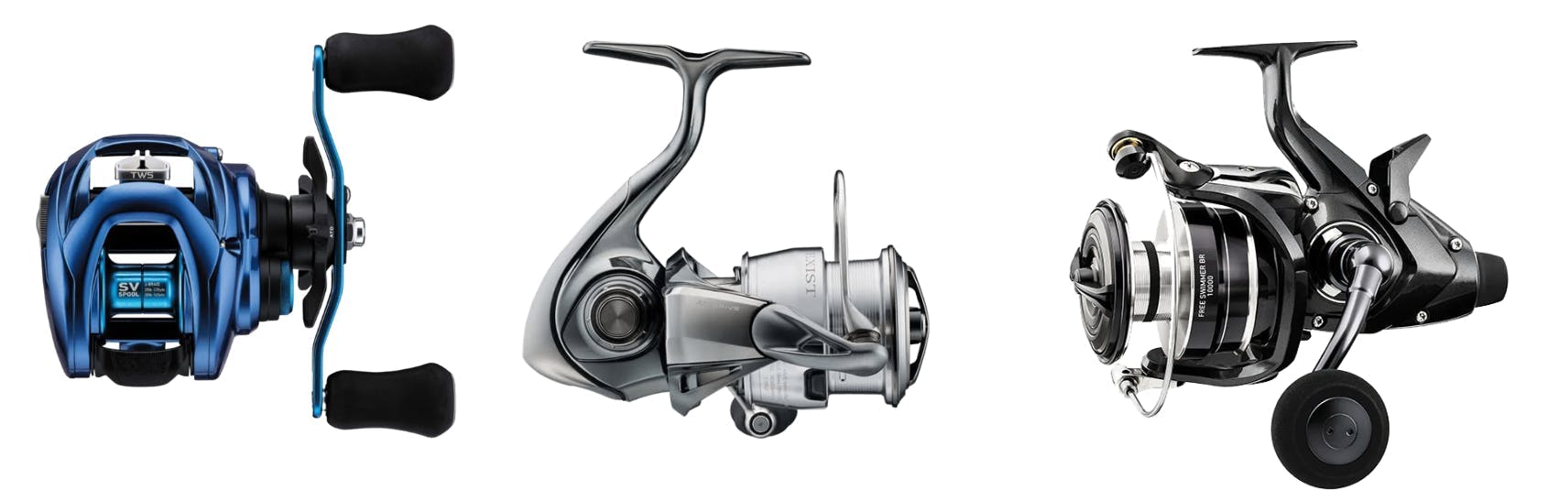 Three of Daiwa's new reels in a row—Exist 2022, Free Swimmer 2022, and Coastal 70 2022.