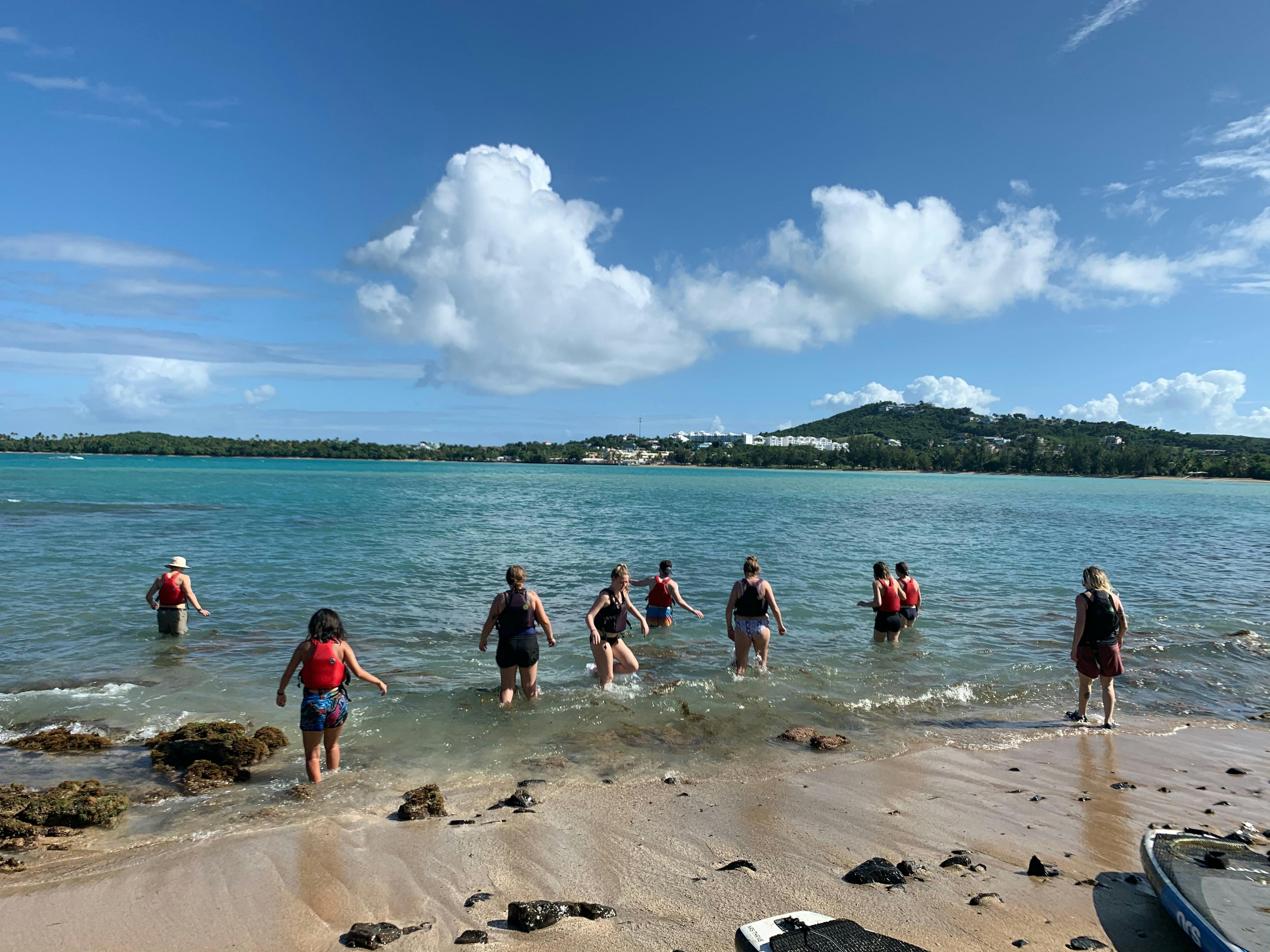 Nine people, four in life jackets, wade into shallow water on a tropical beach. 