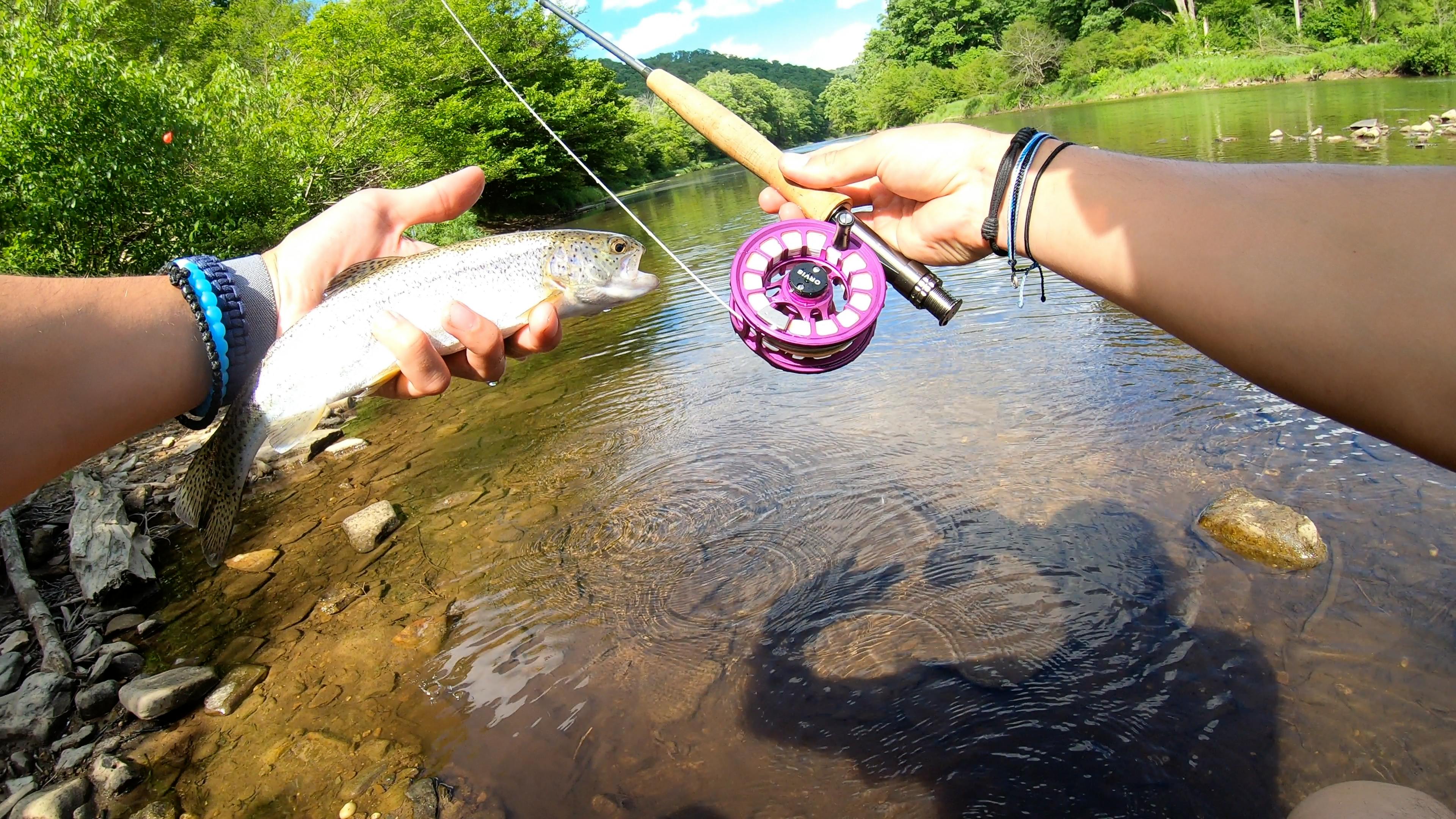 A fish being held over a river in one hand as the other hand is holding a fly fishing rod with a Orvis Hydros Fly Reel.