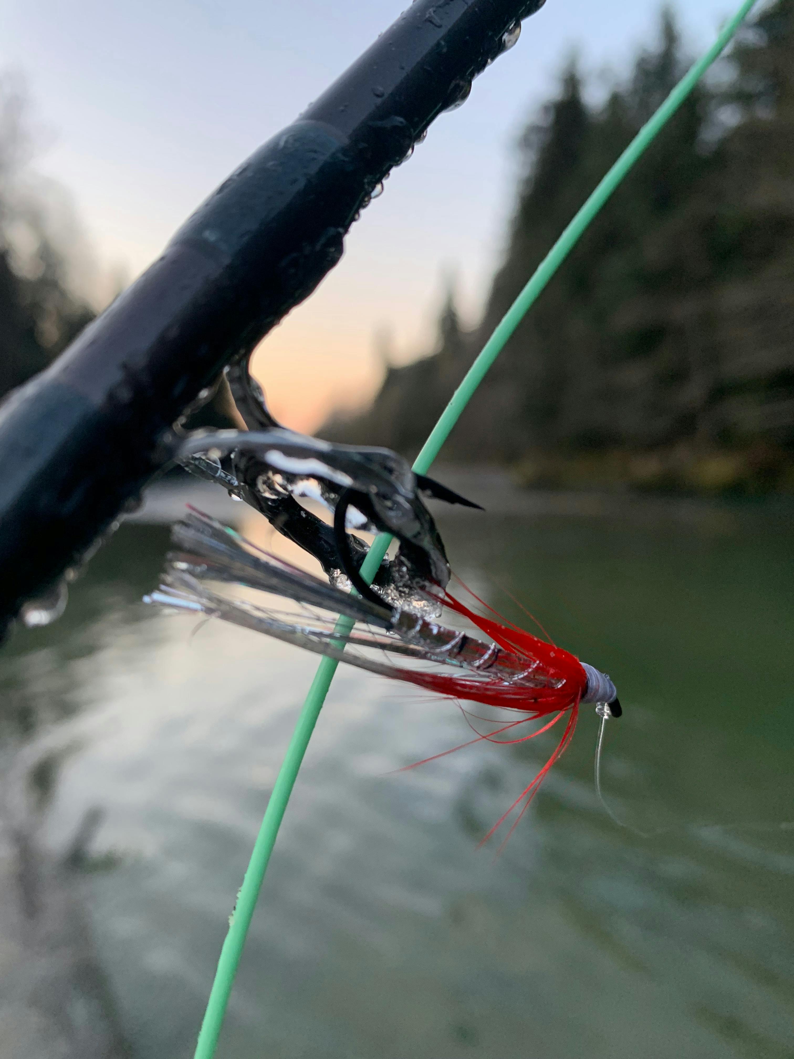 An image of a red and black fly attached to a green line. In the background is a river at sunset. 
