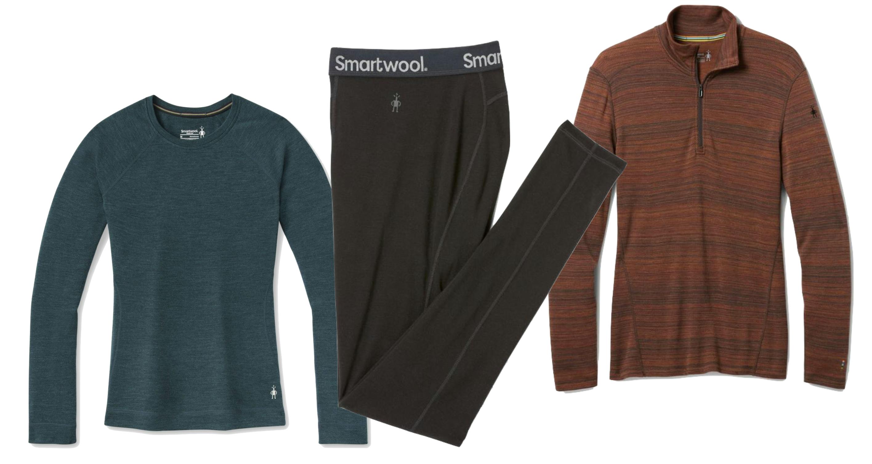 Product images of the Smartwool Women’s Classic Merino Base Layer Crew, the Smartwool Classic Merino Base Layer Bottom, and the Smartwool Men’s Classic Merino Thermal Base Layer Quarter-Zip. 