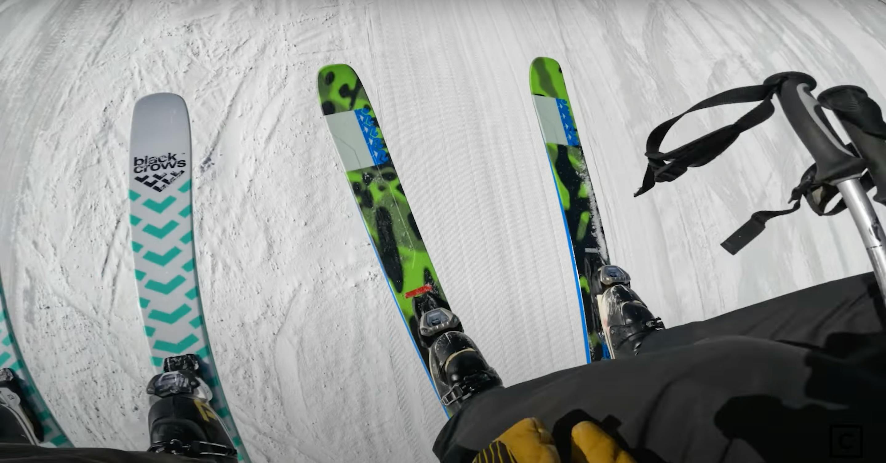 Top down view of the Black Crow Atris skis and the Mindbenders 108 Tis. 