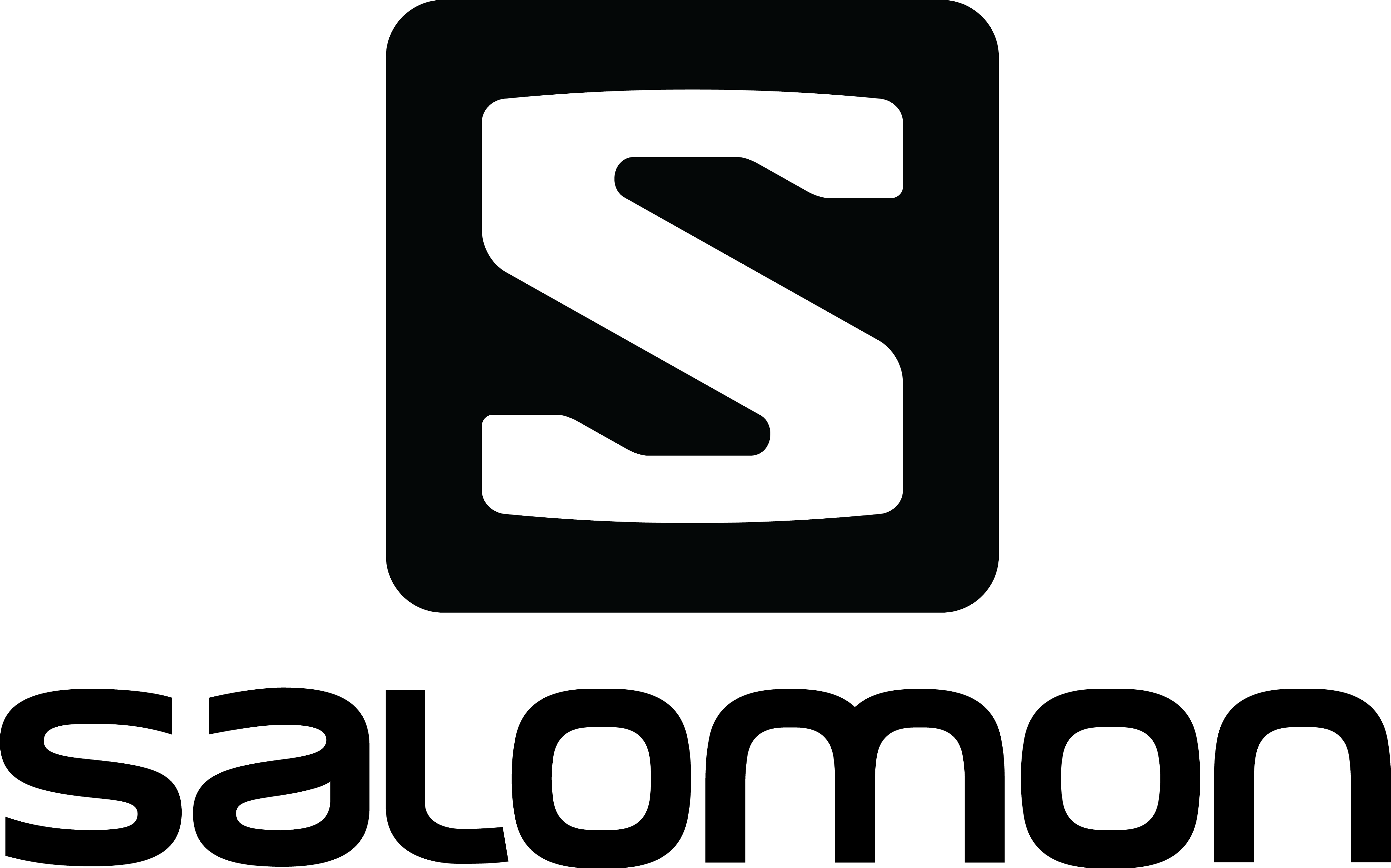 Salomon logo says "Salomon" below an image of a white S in a black square box. 