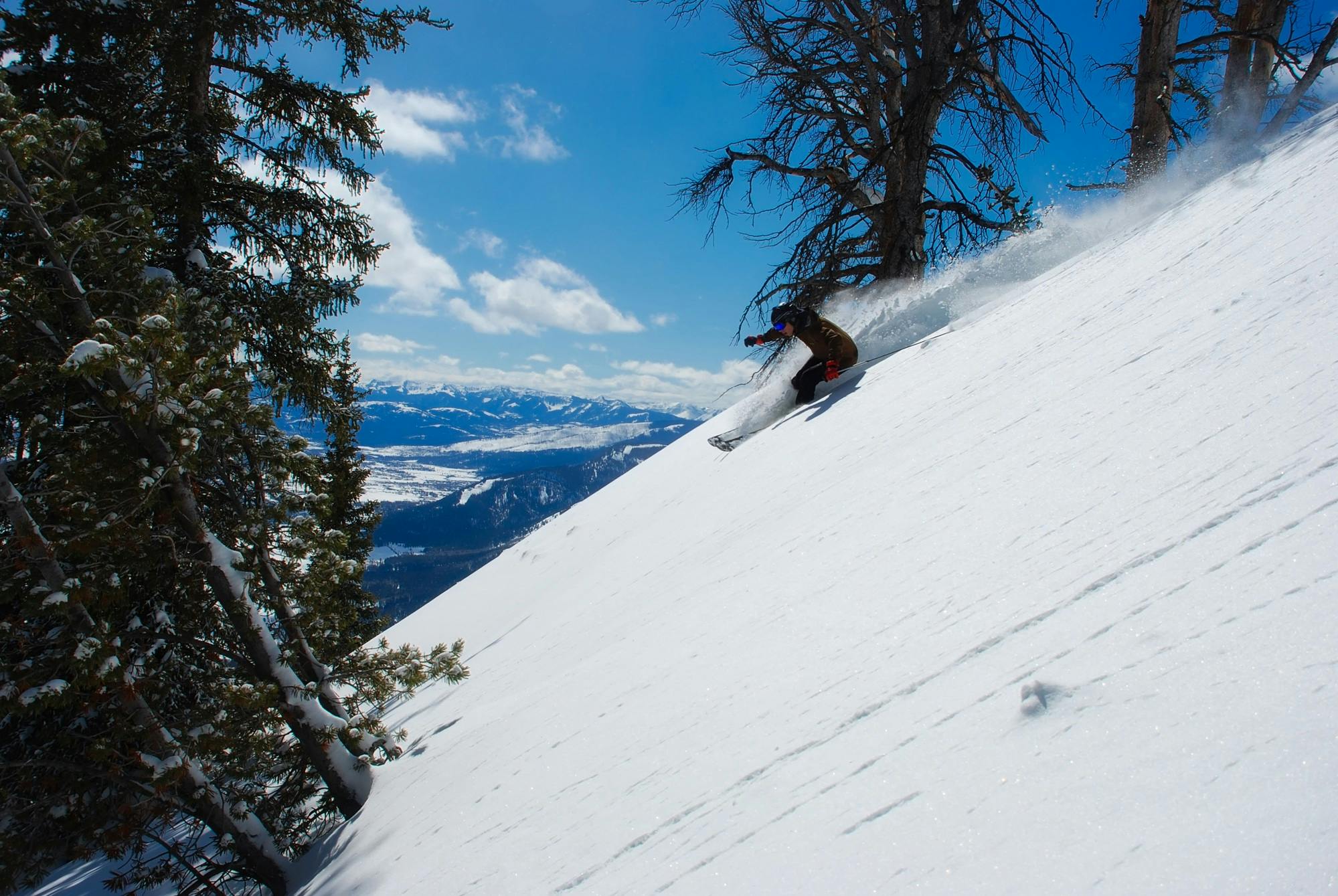 A skier turns while navigating down a steep slope in powdery snow