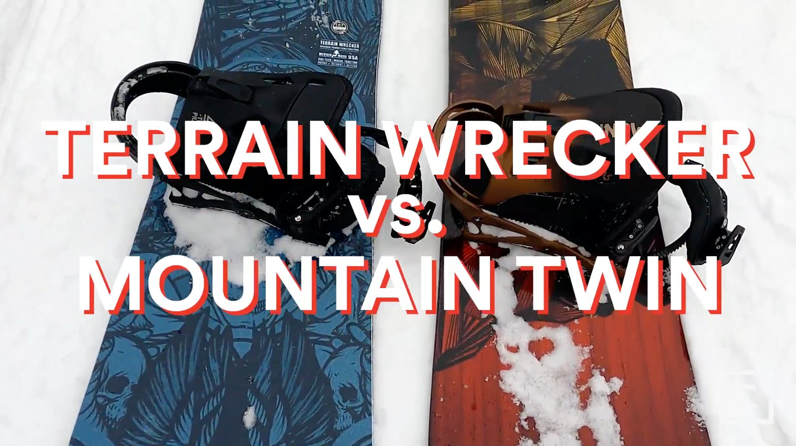 The Lib Tech Terrain Wrecker and Jones Mountain Twin side by side in the snow with a "Terrain Wrecker vs. Mountain Twin" graphic over them