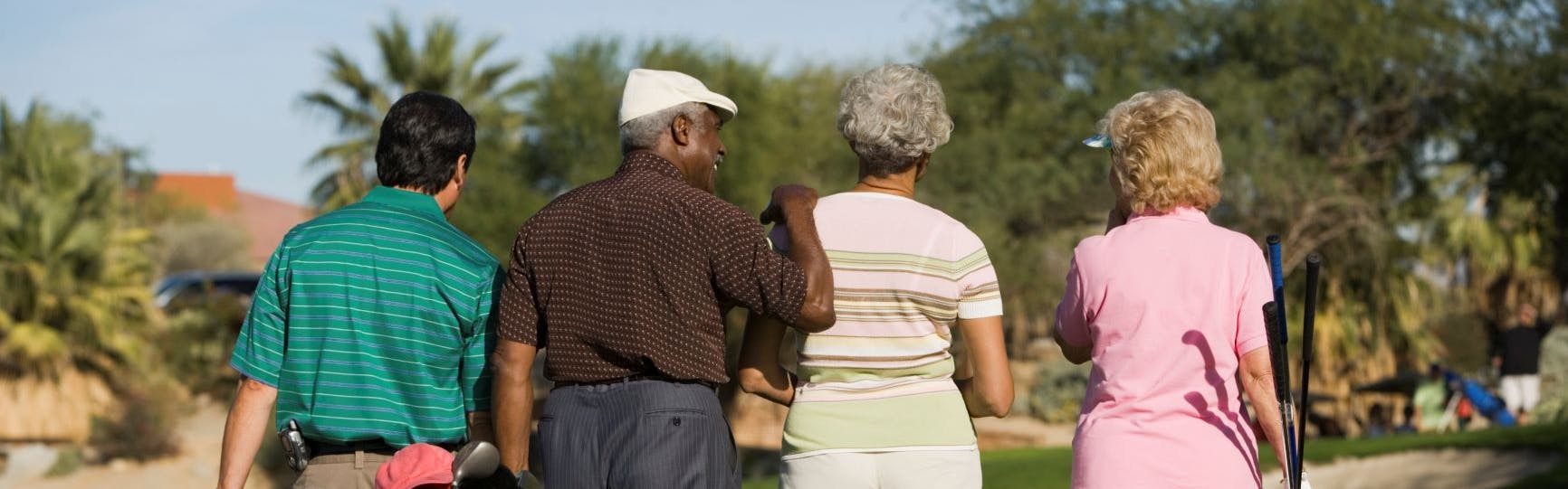 A group of 4 older golfers walks on the course together with their backs turned to the camera. 