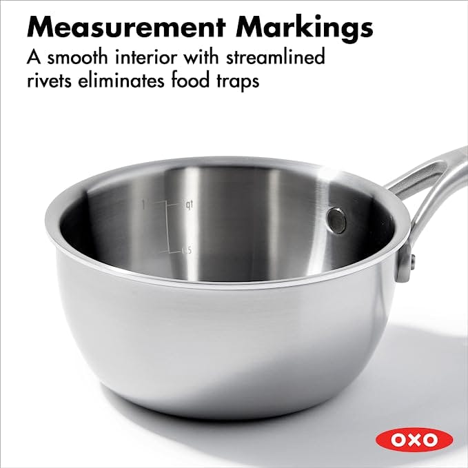 OXO Mira Tri-Ply Stainless Steel, 1.5QT and 3.57QT Chef's Pan Set with Lids
