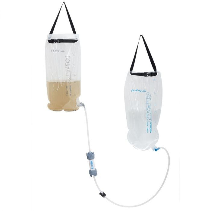 A two-bag water filter system connected by a tube
