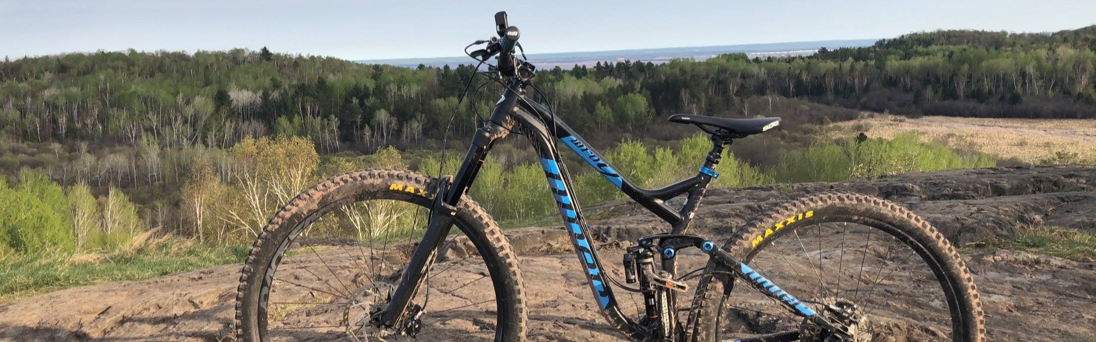 The Niner WFO 9 bike at an overlook with mountains and trees in the background.
