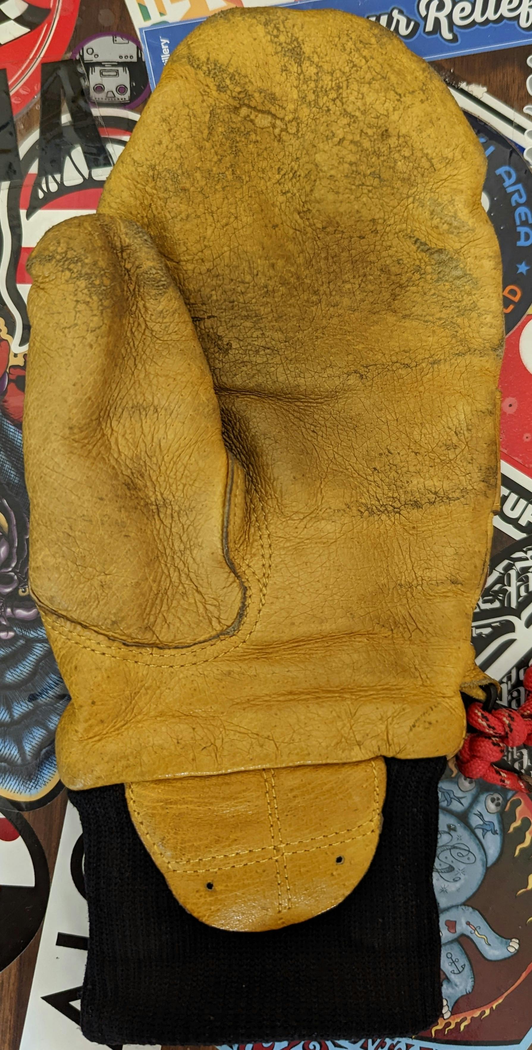 Left palm of the Flylow Oven Mittens showing minor wear.
