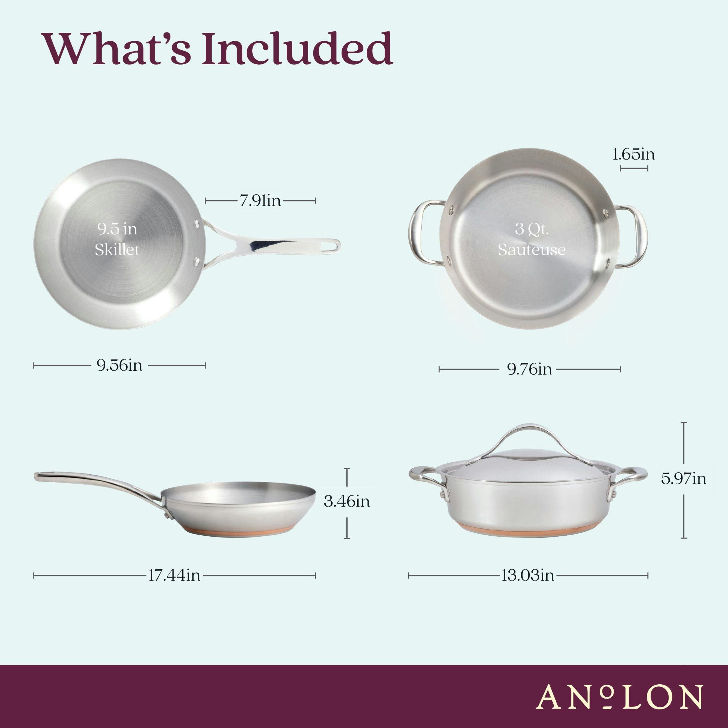 Anolon Nouvelle Copper Stainless Steel Sauteuse and Frying Pan Set, 3-Piece, Silver