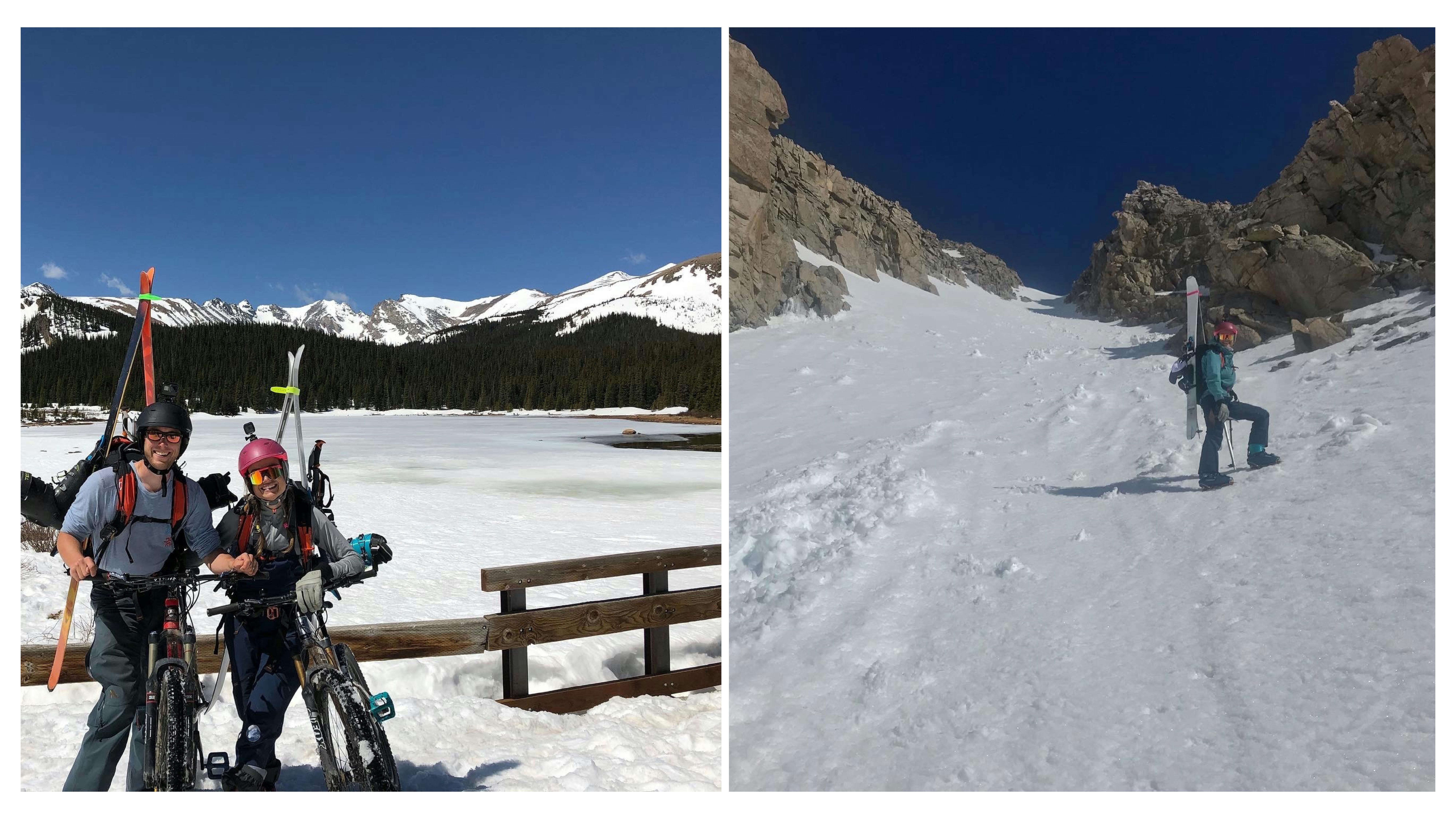 Left: People smiling in front of a snowy lake. Right: Person climbs up a snowy mountain. 