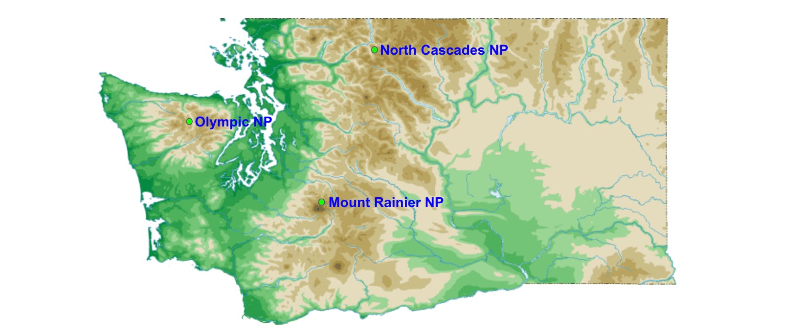Map showing where the national parks are in Washington. 