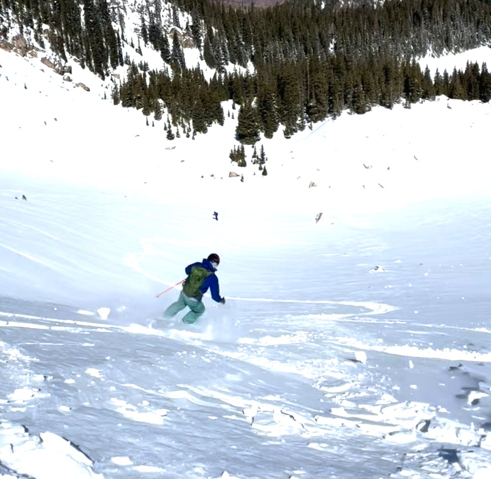 A skier turning down the the Nambe Bowl, a backcountry spot near Santa Fe, NM.
