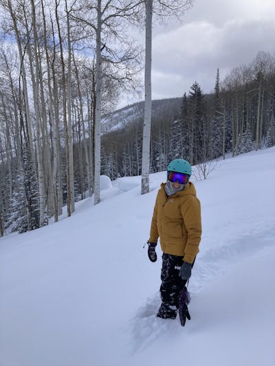Snowboarder in a yellow jacket standing at the top of a run surrounded by untouched powder with aspen trees and a mountain in the background.