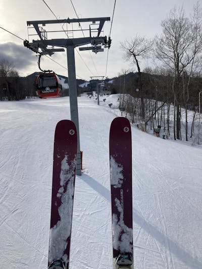 The Blizzard Sheeva 10 Skis as seen from top down on a chairlift. 