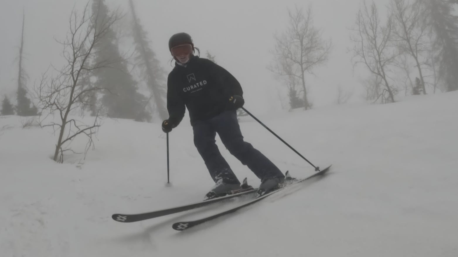 Curated Ski Expert Jessica Whittam on the 2023 Volkl Kenja 88 skis in foggy conditions