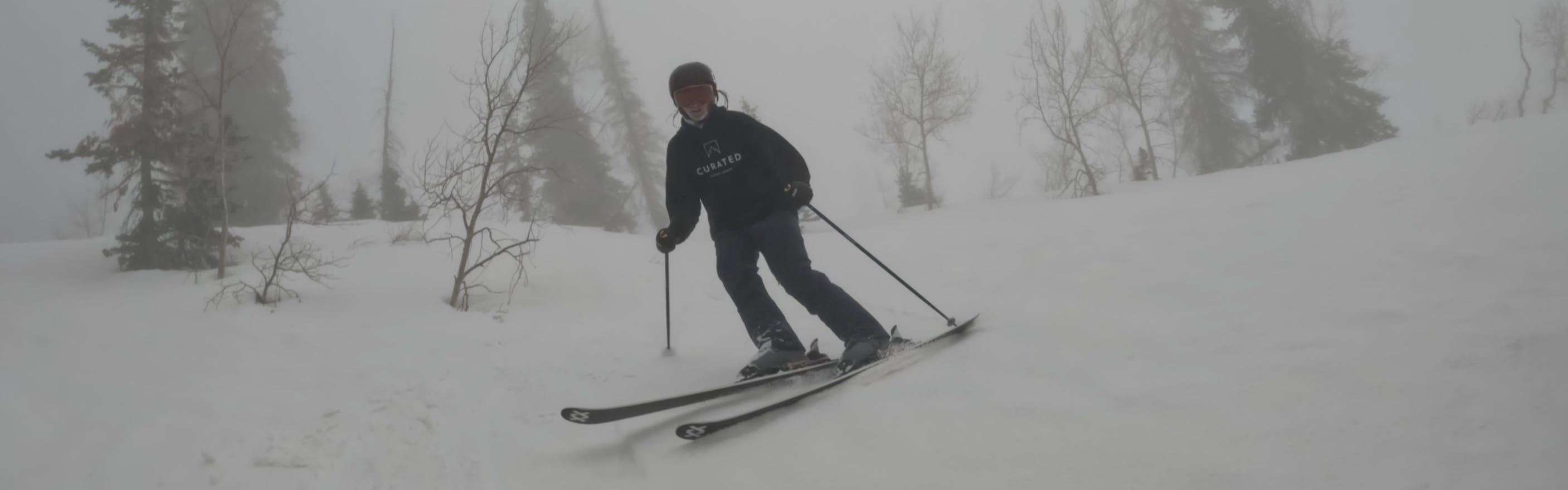 Curated Ski Expert Jessica Whittam on the 2023 Volkl Kenja 88 skis in foggy conditions