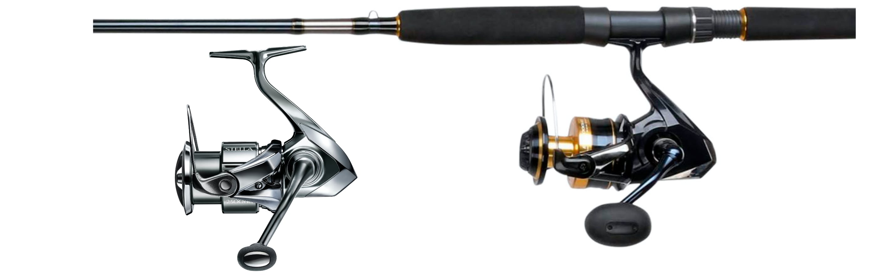 Product images of the Shimano Spheros SW Combo and the Shimano Stella FK.