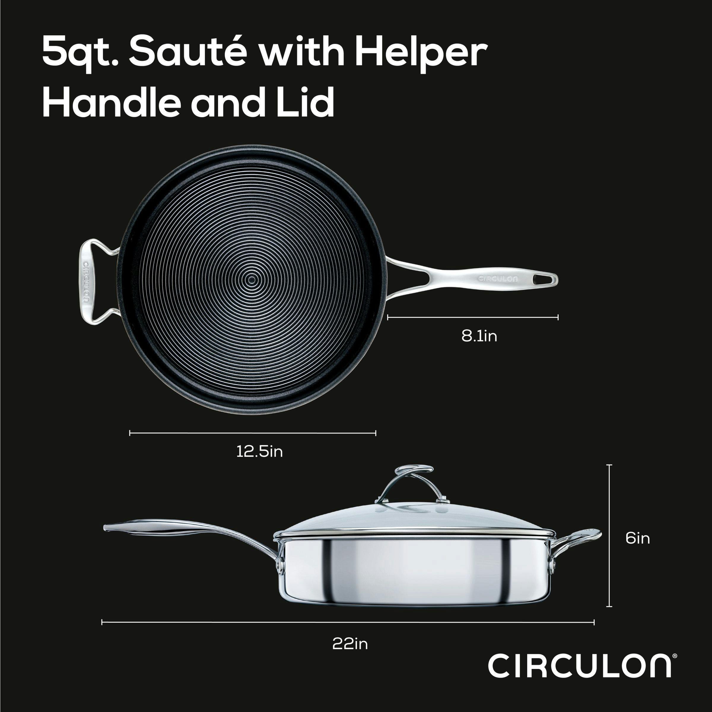 Circulon Clad Stainless Steel Saute Pan with Lid and Hybrid SteelShield and Nonstick Technology, 5-Quart, Silver