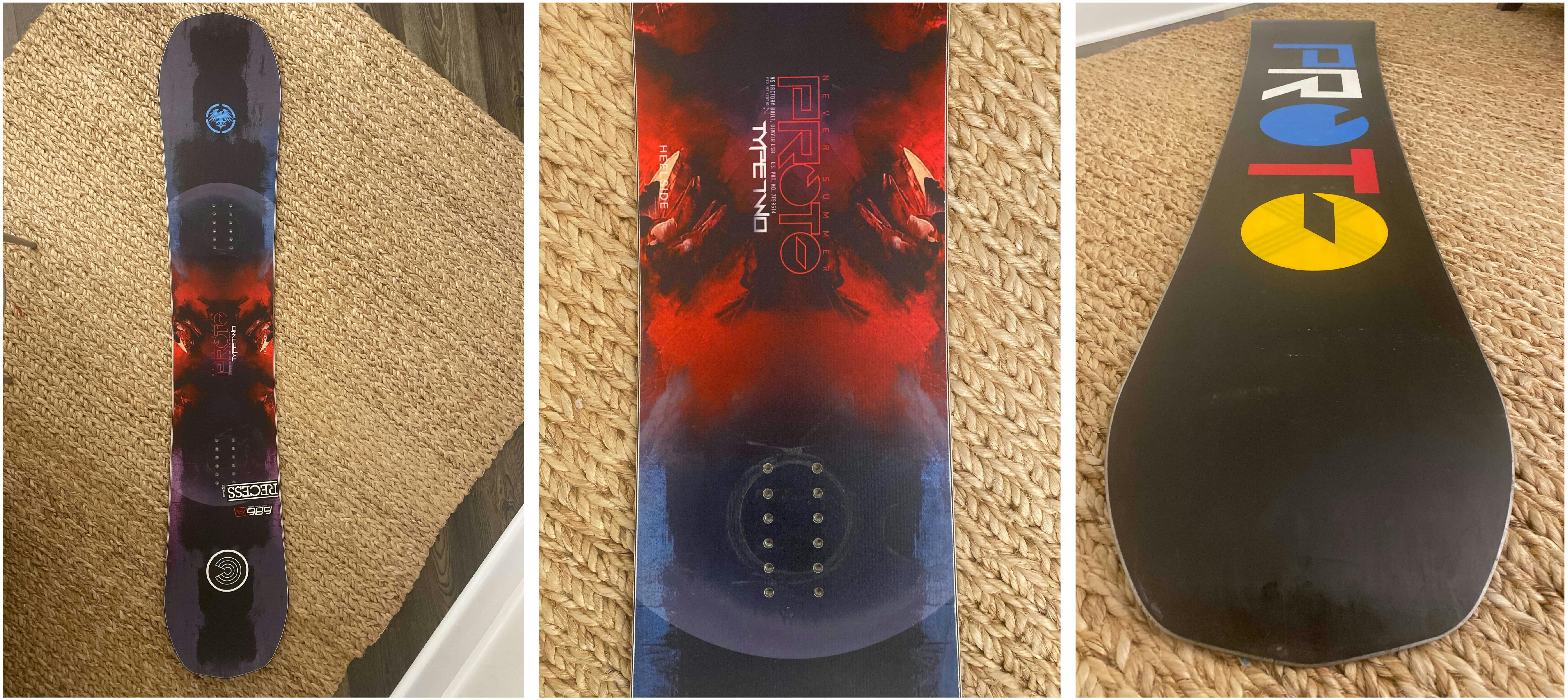 Up-close photos of the wearing of the snowboard.