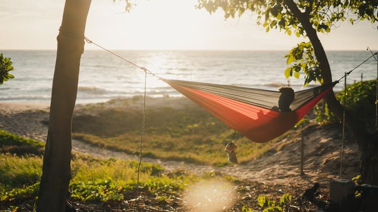 A person reclines in a hammock overlooking the ocean